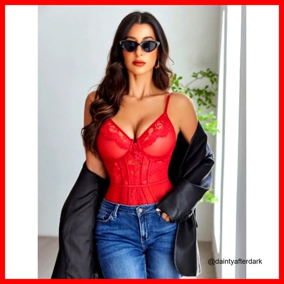 Sheer Lace Bodysuit Teddy Chemise V Neck Adjustable Straps Snap Crotch - Picture 5 of 7